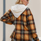 Double Take Drawstring Plaid Long Sleeve Hooded Shacket