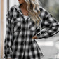 Double Take Drawstring Plaid Long Sleeve Hooded Shacket