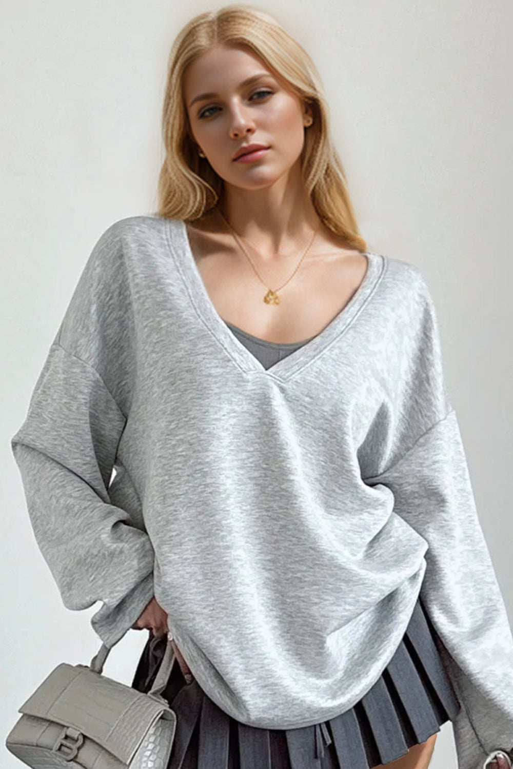 Basic Bae V-Neck Dropped Shoulder Long Sleeve Sweatshirt with Bra