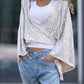 Tied Sequin Surplice Flare Sleeve Blouse