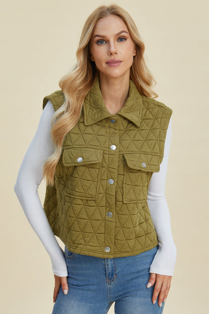 Double Take Full Size Pocketed Texture Snap Down Vest Coat