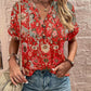 Full Size Printed Notched Short Sleeve Blouse