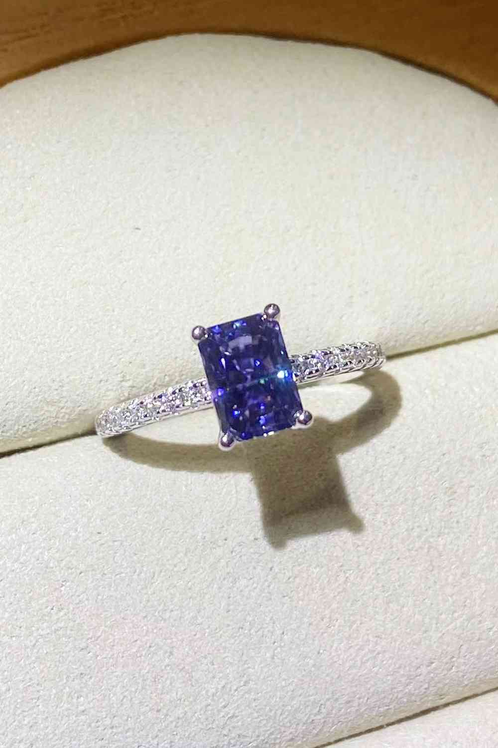 1 Carat Moissanite Ring Sterling Silver Rectangle Ring in Blue