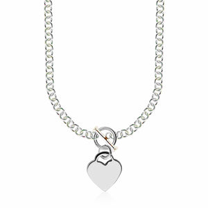 Sterling Silver Rhodium Plated Rolo Chain Necklace with a Heart Toggle Charm