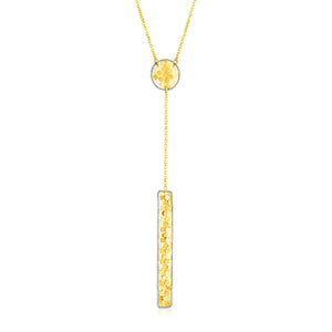 14k Two Tone Gold Lariat Necklace with Textured Circle and Bar