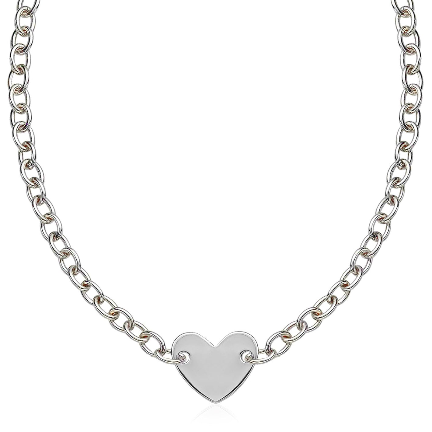 Sterling Silver Rhodium Plated Chain Necklace with a Flat Heart Motif Station