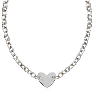 Sterling Silver Rhodium Plated Chain Necklace with a Flat Heart Motif Station