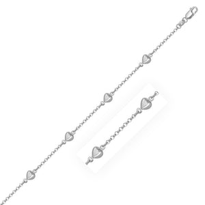 14k White Gold Rolo Chain Bracelet with Puffed Heart Stations