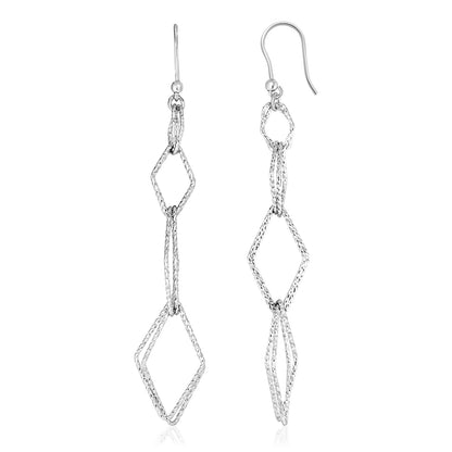 Sterling Silver Textured Interlocking Diamond Motif Dangle Earrings