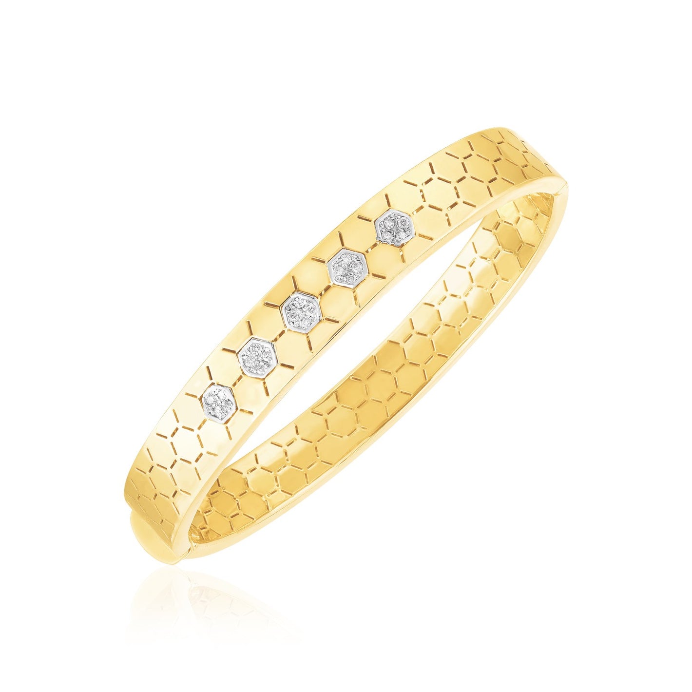 14k Yellow Gold High Polish Honeycomb Diamond Bangle (8.9mm)