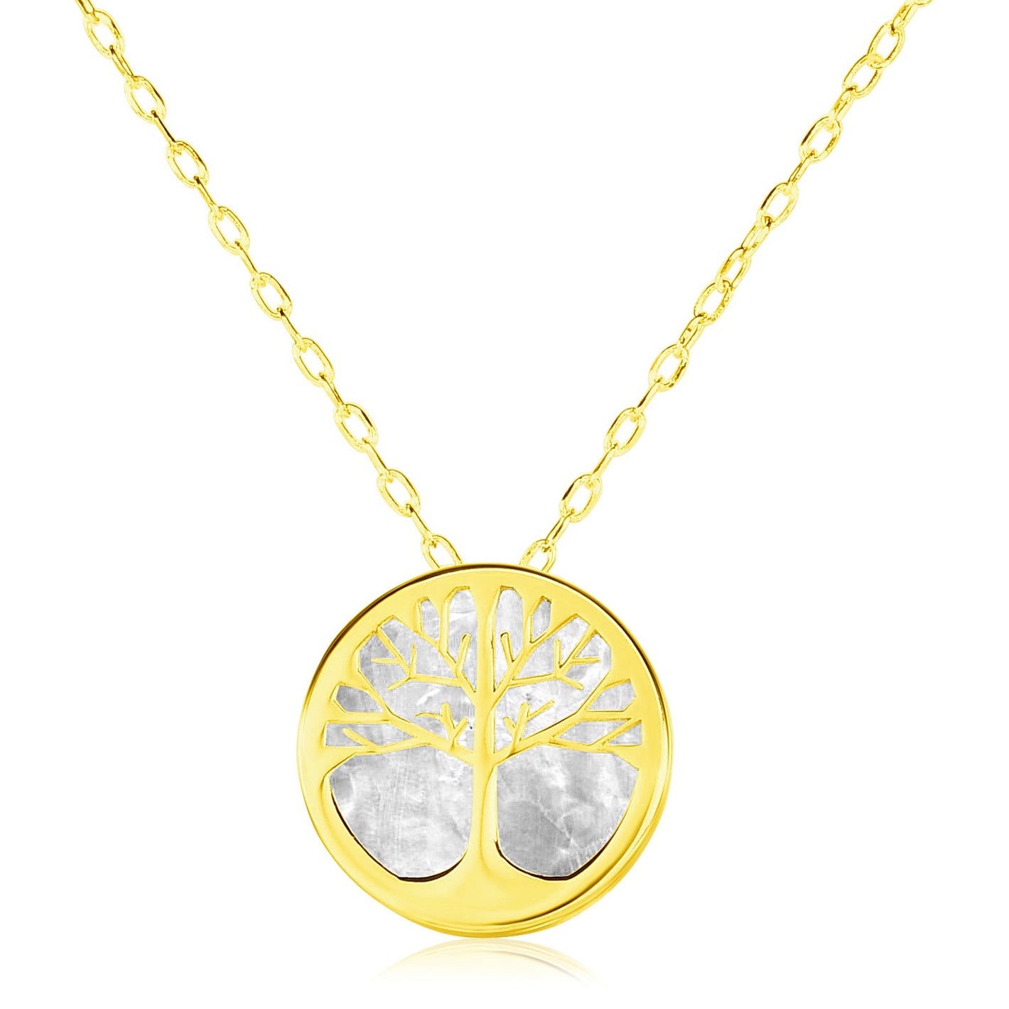 14k Yellow Gold Necklace with Tree of Life Symbol in Mother of Pearl