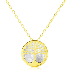 14k Yellow Gold Necklace with Tree of Life Symbol in Mother of Pearl