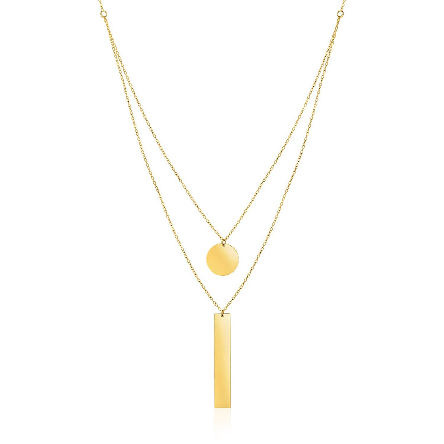 14k Yellow Gold 18 inch Two Strand Necklace with Circle and Bar Pendants