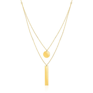 14k Yellow Gold 18 inch Two Strand Necklace with Circle and Bar Pendants