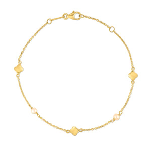 14k Yellow Gold Pearl Clover Bracelet