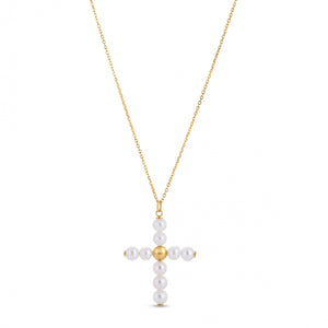 14k Yellow Gold Pearl Cross Pendant