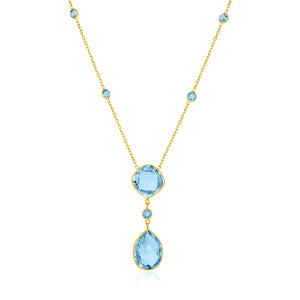 14k Yellow Gold Necklace with Pear-Shaped and Cushion Blue Topaz Briolettes