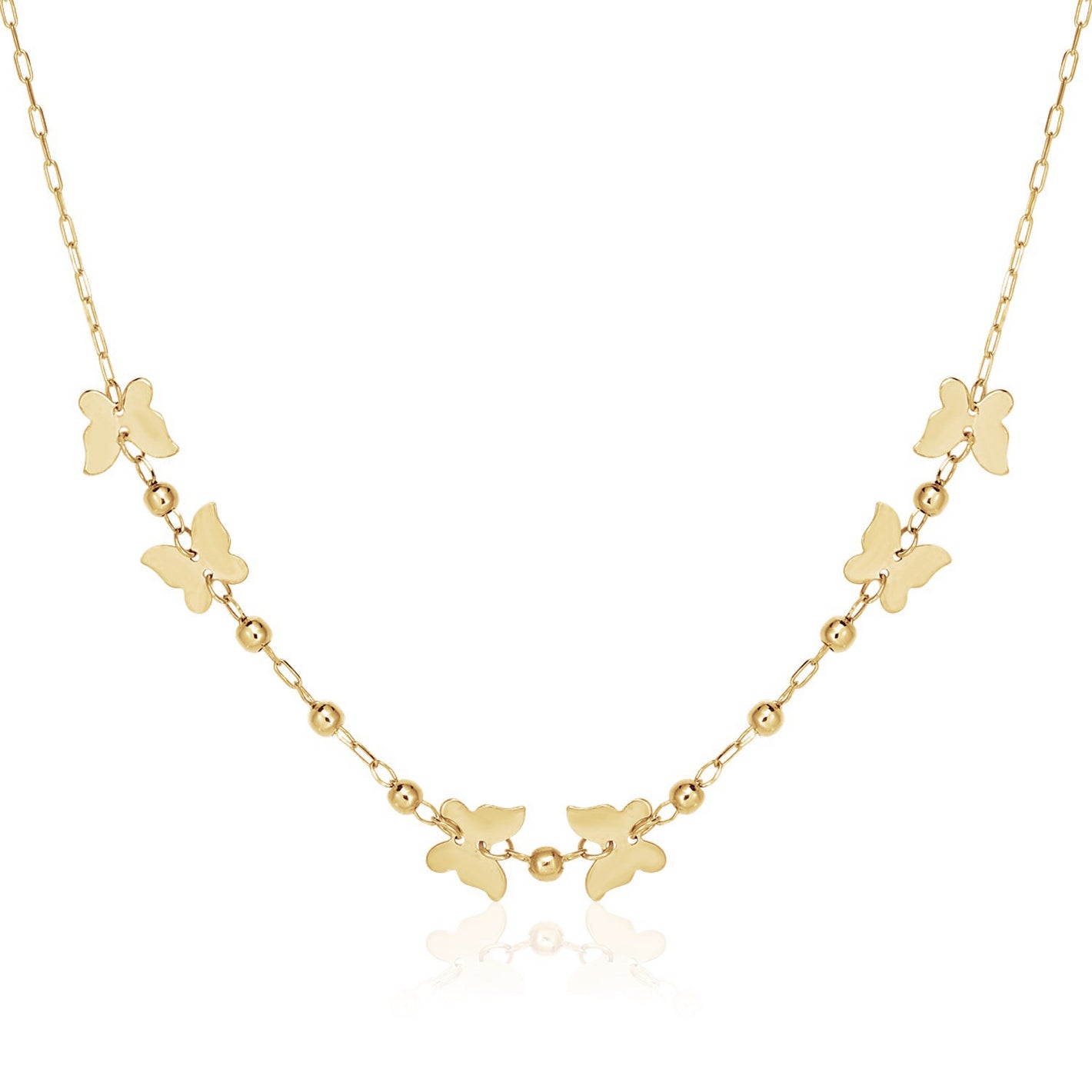 14k Yellow Gold 18 inch Necklace with Polished Butterflies and Beads