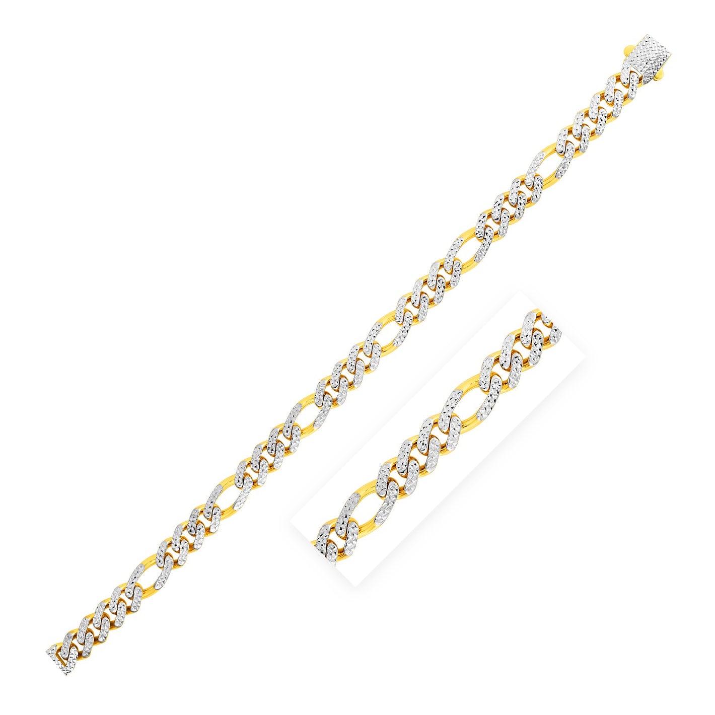 14k Yellow Gold White Pave High Polish Modern Lite Figaro Chain (8.0mm)