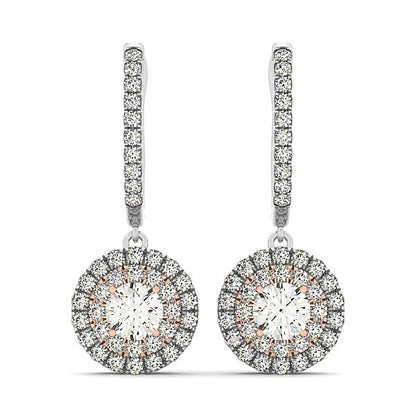 14k White And Rose Gold Drop Diamond Earrings with a Halo Design (3/4 cttw)