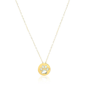 14k Yellow Gold Necklace with Dog Paw Print Symbol in Mother of Pearl