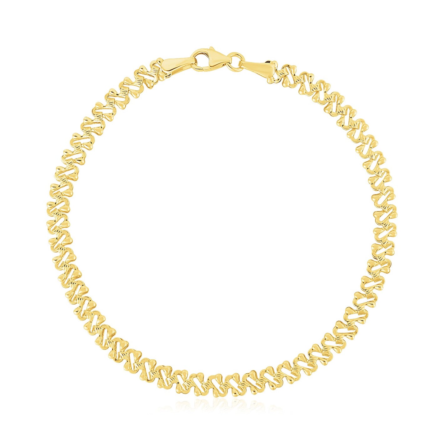 14k Yellow Gold High Polish Textured Fancy Chain Bracelet (4mm)