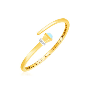 14k Yellow Gold Crossover Style Hinged Bangle Bracelet with Turquoise and Diamonds