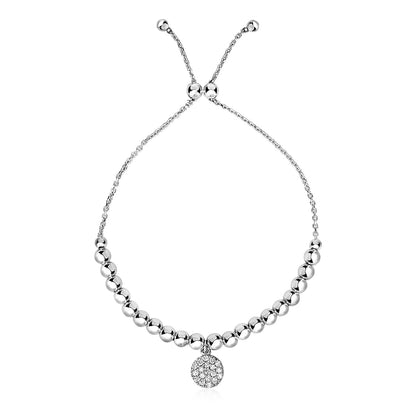 Adjustable Bead Bracelet with Round Charm and Cubic Zirconias in Sterling Silver