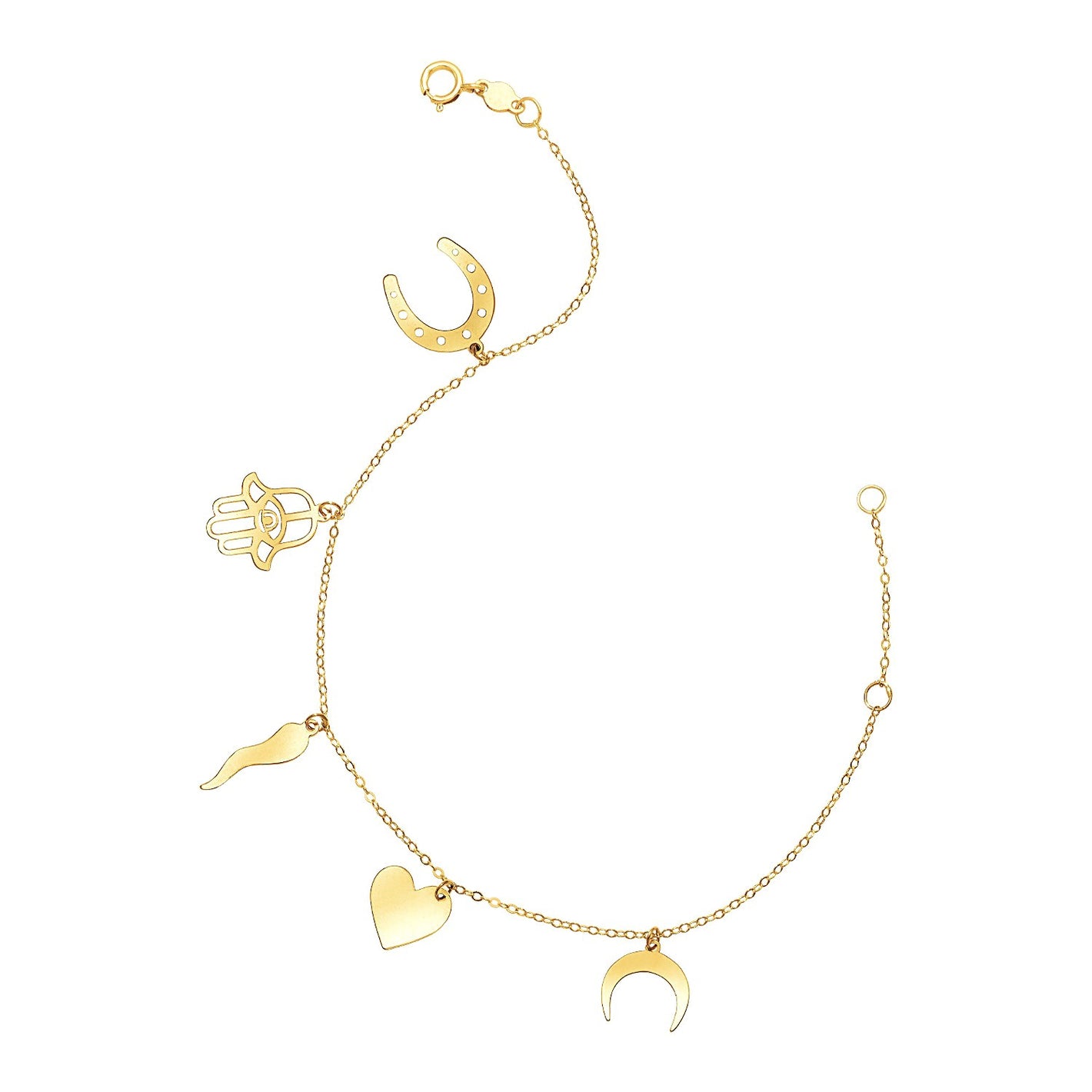 14k Yellow Gold 7 inch Bracelet with Polished Charms