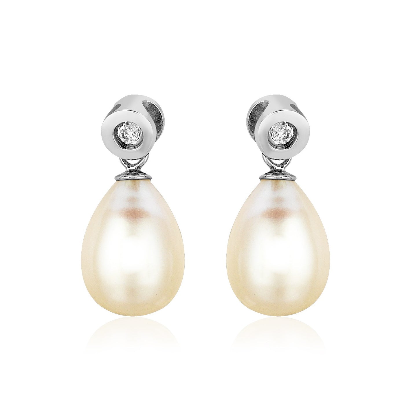 Sterling Silver Earrings with Pear Shaped Freshwater Pearls and Cubic Zirconias