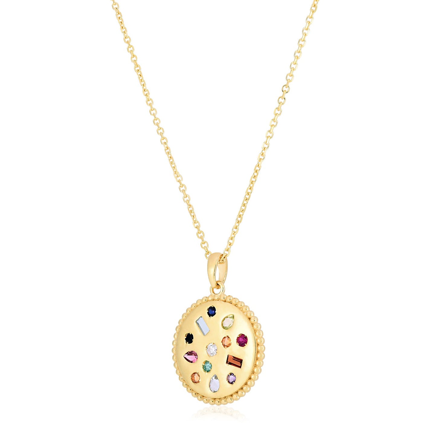 14k Yellow Gold High Polish Gemstones Disc Necklace