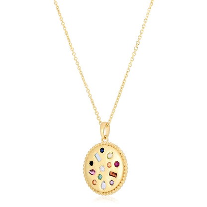 14k Yellow Gold High Polish Gemstones Disc Necklace