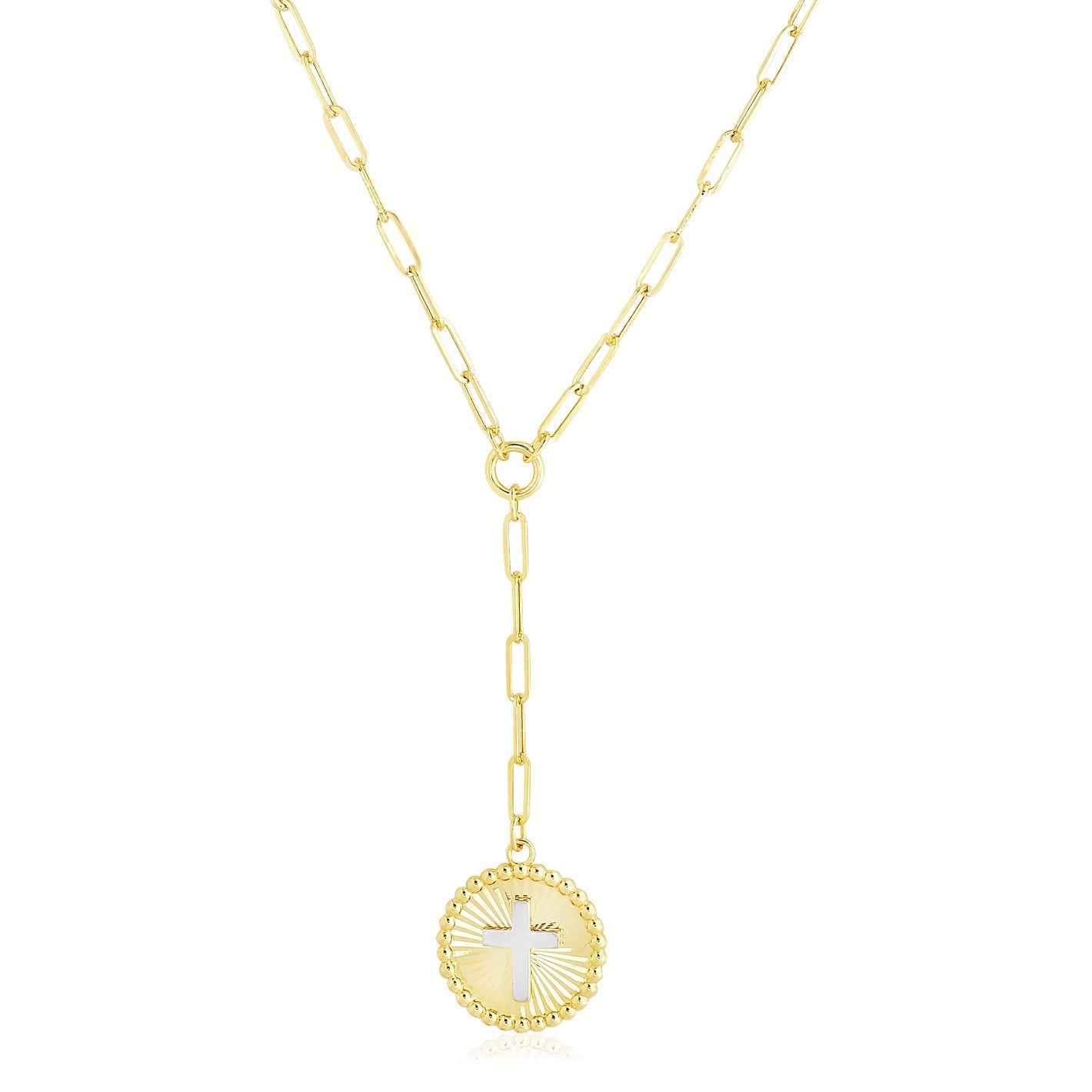 14k Yellow Gold High Polish Heart Medallion Two Tone Lariat Necklace