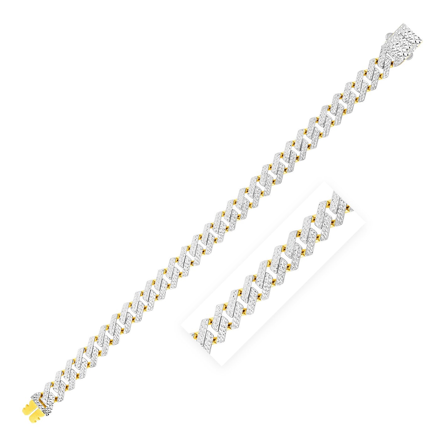 14k Yellow Gold White Pave High Polish Modern Lite Edge Bracelet (9.5mm)