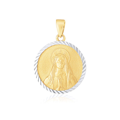 14k Two Tone Gold Round Textured Religious Medal Pendant (Men's / Women's)